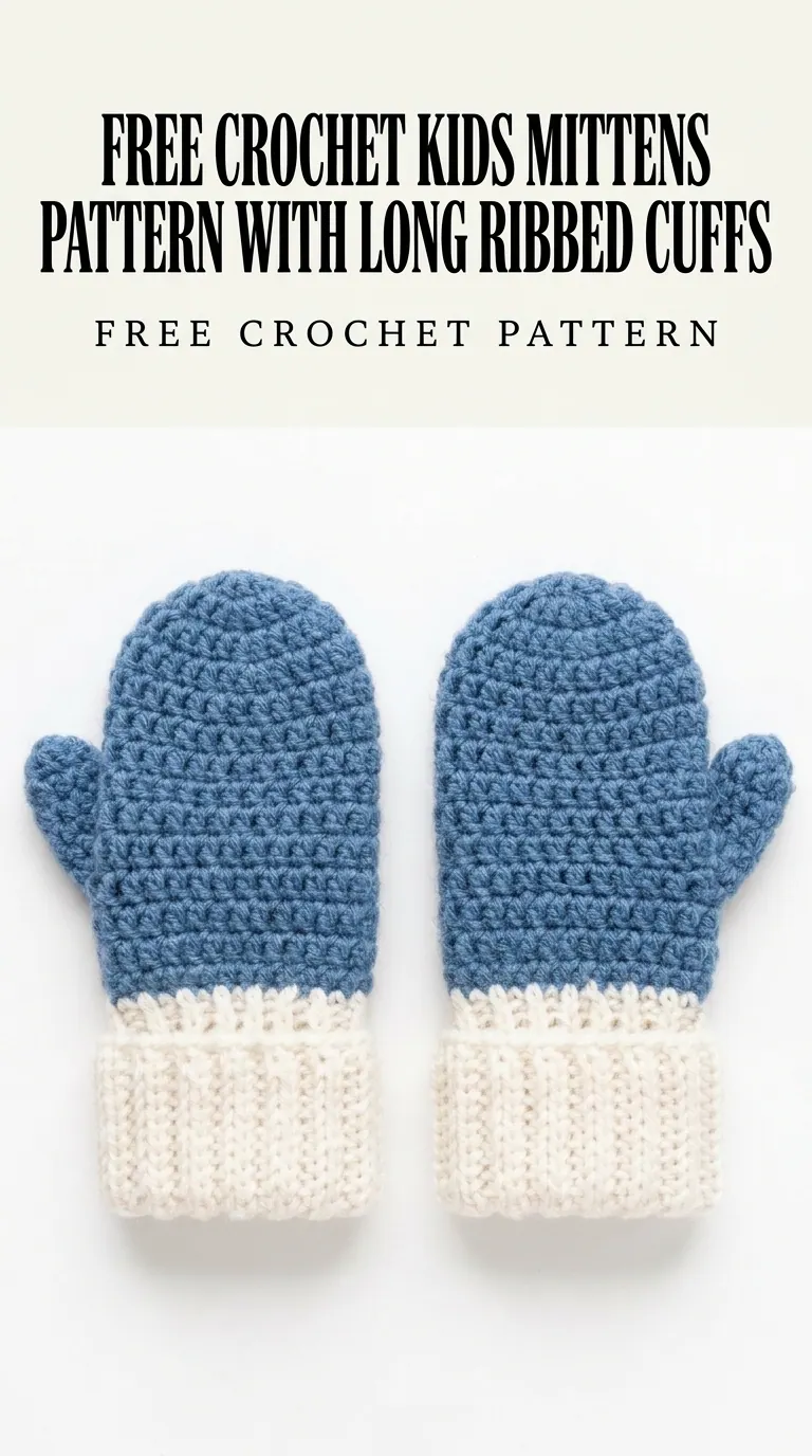 Free Crochet Kids Mittens Pattern With Long Ribbed Cuffs